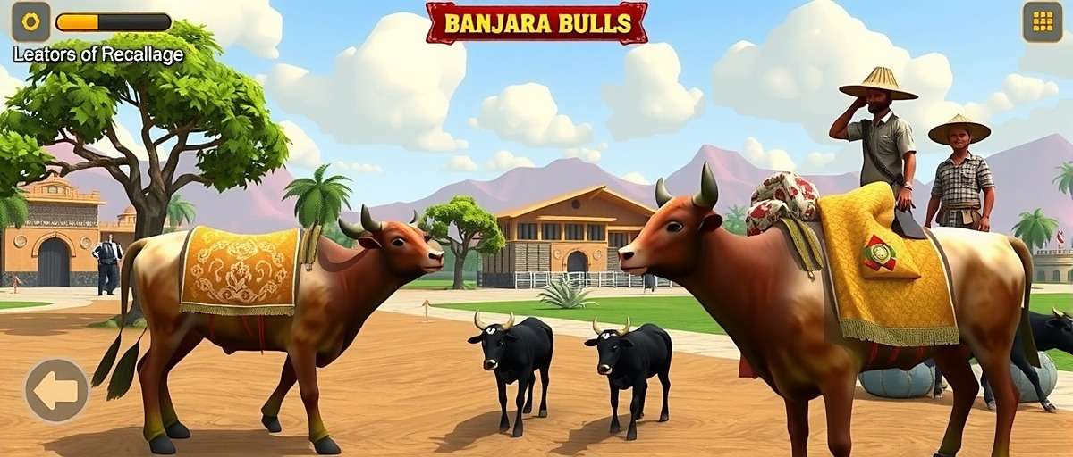 Banjara Bulls Village Life In-game screenshot of Banjara Bulls showing village scene with farmers and cattle